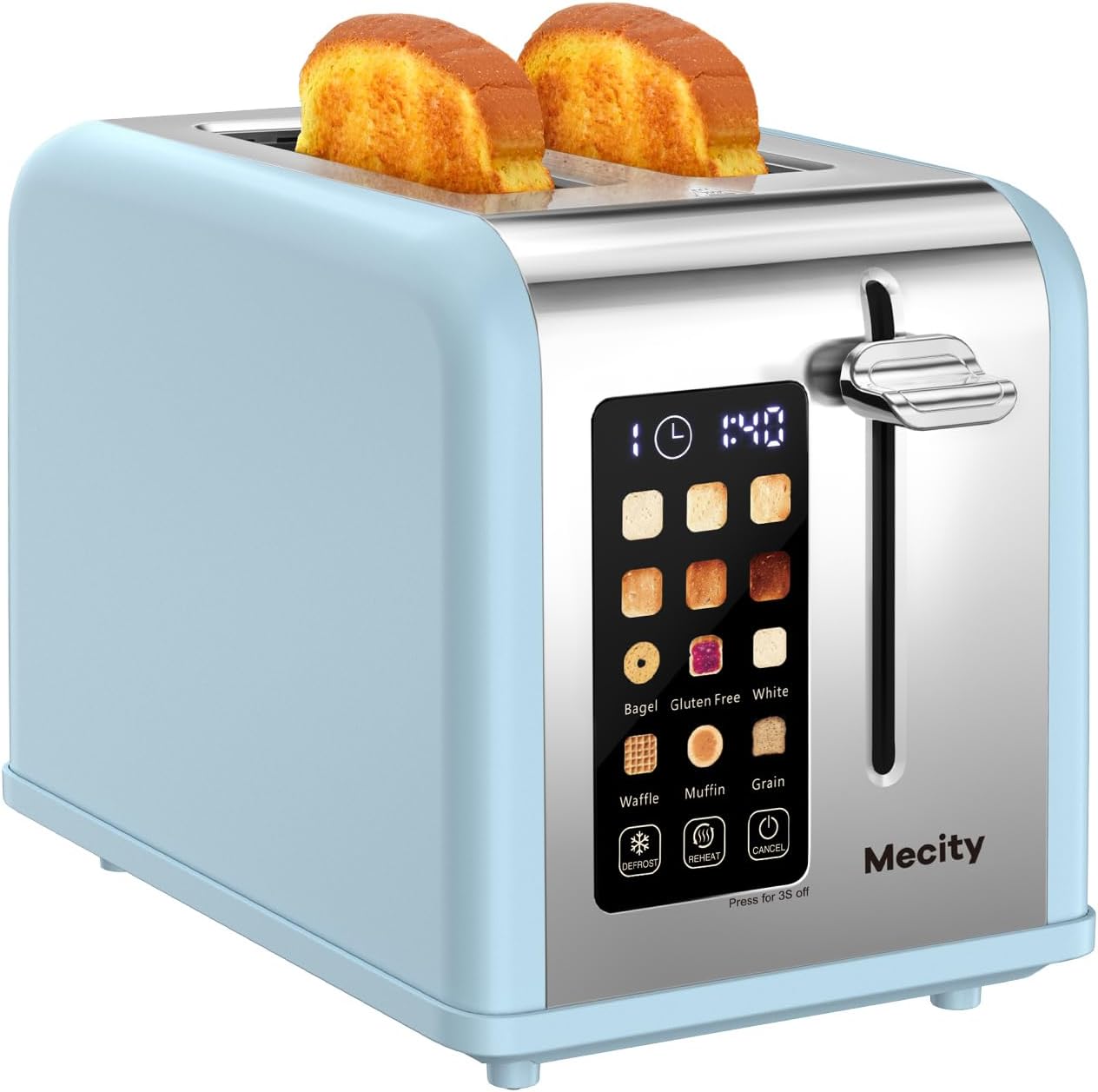 Mecity 2 Slice Touch Screen Toaster, 1.5" Wide Slot, Stainless Steel Smart Toaster for Bagels, Muffins, Waffles, Gluten-Free Breads, Defrost, Reheat, Timer, 120V 825W, Ice Blue