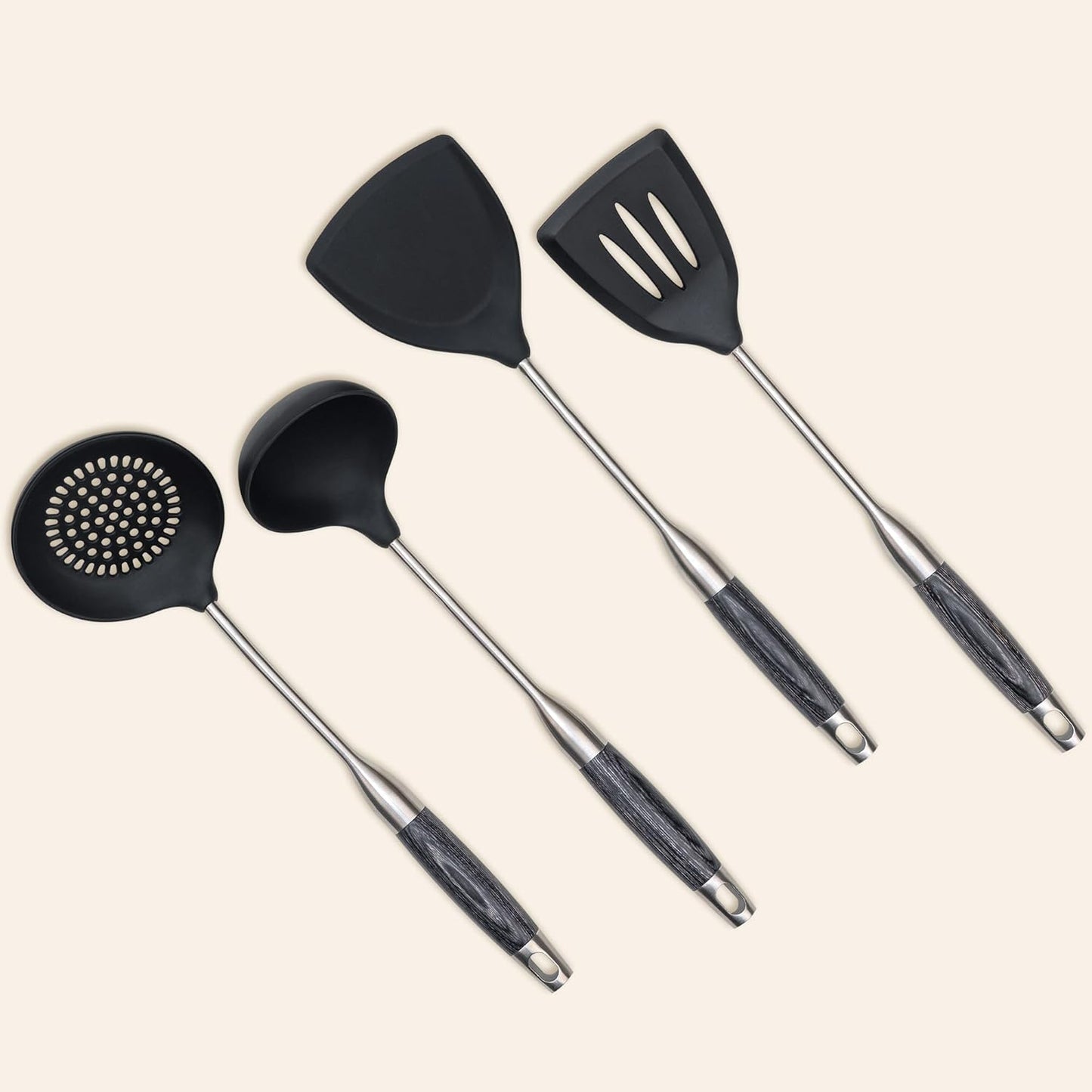 FJNATINH Silicone Wok Spatula,Turner,Ladle,Skimmer,Stainless Steel Wok Tools,Wok Utensil,Non Stick Heat-Resistant Cooking Utensils BPA Free Kitchen Utensils Cookware (Black Stainless Steel-4PCS)