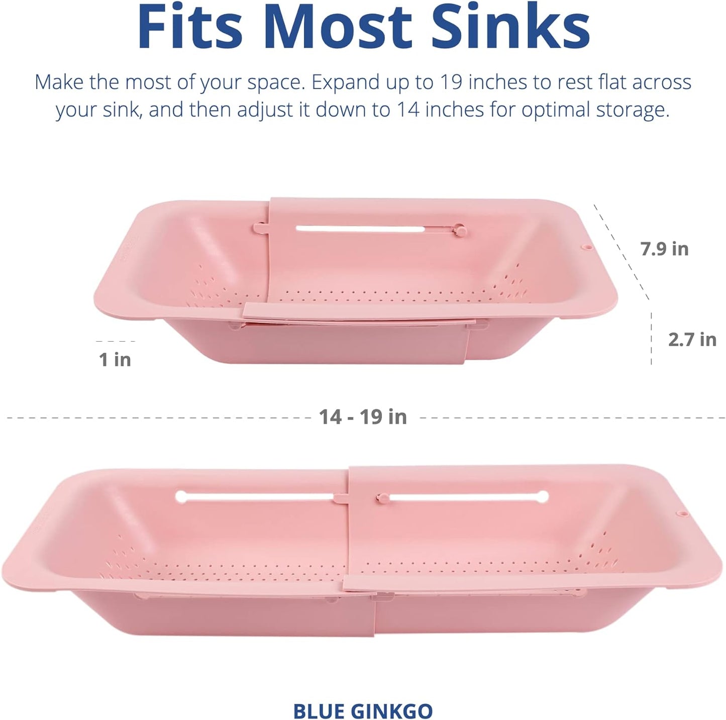 BLUE GINKGO Sink Colander Baskets - (Pack of 2) Wash Vegetables and Fruits, Drain Cooked Pasta and Dry Dishes - Extendable - New Home Kitchen Essentials (2 Pink)