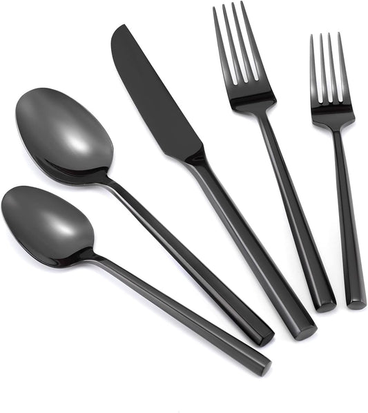 Hand Forged Stainless Steel Flatware Set Silverware Set Cutlery Set Hexagon Handle Black Mirror Finished 20 Pieces Service for 4