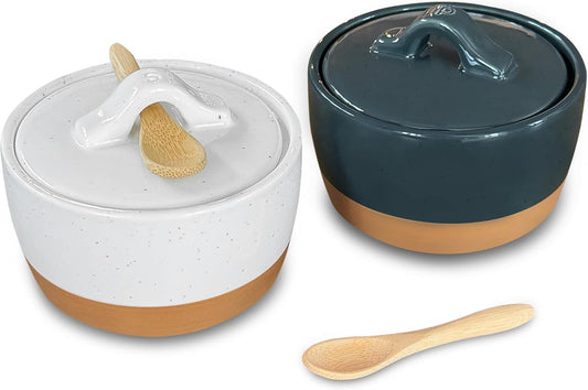 Mora Ceramic Salt and Pepper Cellar Set with Lid - 10 oz Modern Canister/Container/Bowl for Storage, Sea Salt, Spice, Sugar, Countertop - Small Dish/Jar with Wood Spoon, Black & White Crock