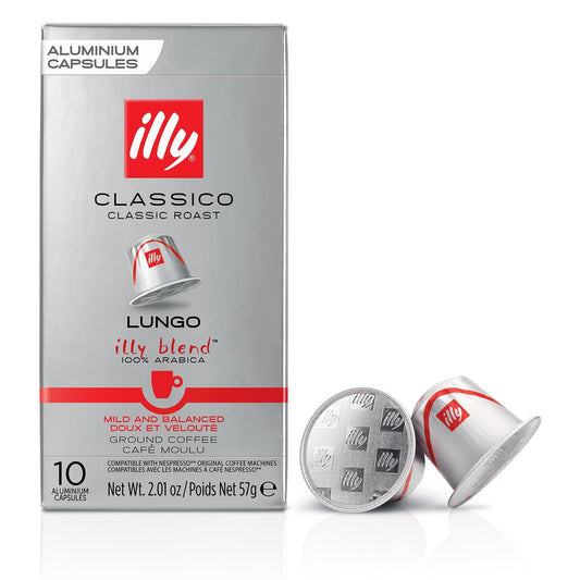 illy Aluminum Espresso Capsules - Compatible with Nespresso Machines - Classico Lungo Roast Coffee - Mild & Balanced - Notes Of Caramel, Orange Blossom & Jasmine - 10 Count (Pack of 10)