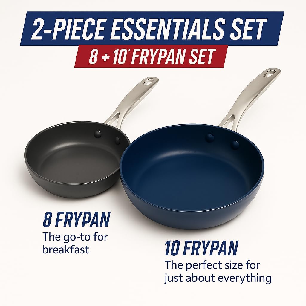 Blue Diamond 8” & 10" Nonstick Frying Pan Skillet Set, Diamond Infused PFAS & PTFE-Free Ceramic Pots & Pans, Dishwasher & Oven Safe, Stay Cool Handles, Non Toxic Metal Utensil Safe, Blue & Grey