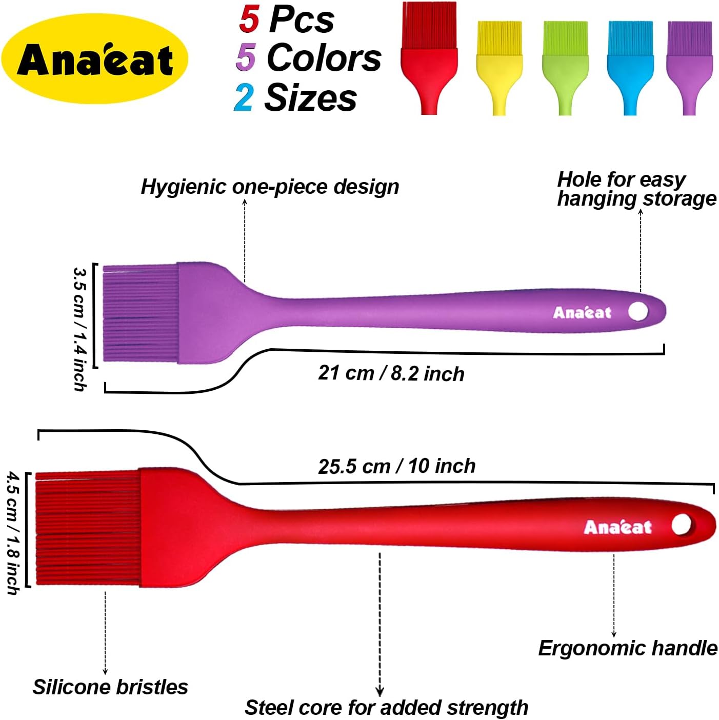 Anaeat High Heat Resistant Silicone Basting Pastry Brush Set of 5- Hygienic One-Pieces Design Spread Oil Butter for BBQ Grill Barbecue Baking Kitchen Cooking - BPA Free & Dishwasher Safe (10"+8.2")