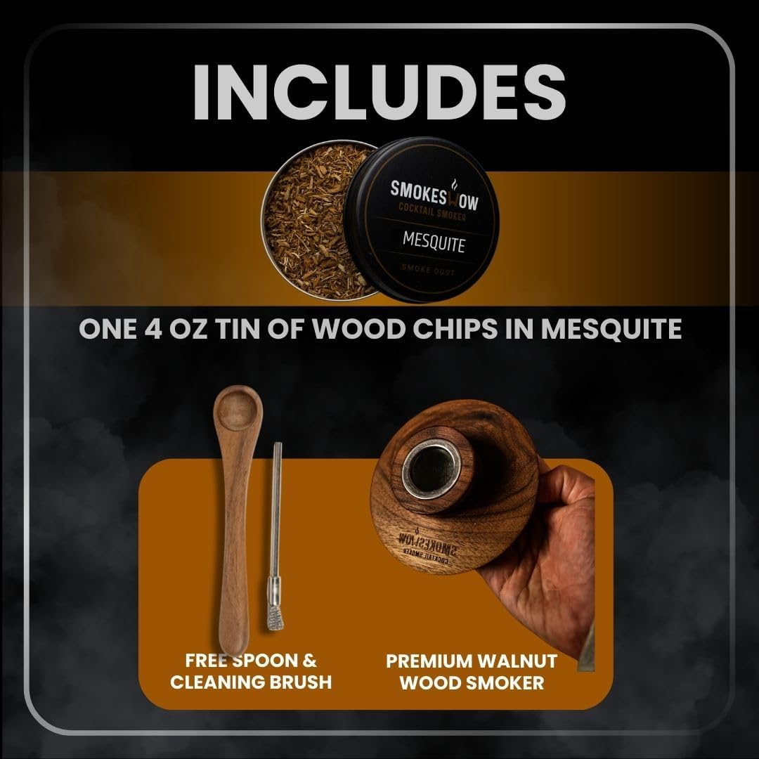 Premium Walnut Wood Cocktail Smoker with One 4 oz Tin of Wood Chips. Great for Whiskey & Old Fashion. Coated in Safe Food Natural Beeswax, Non-toxic Top by Smokeshow (Mesquite)
