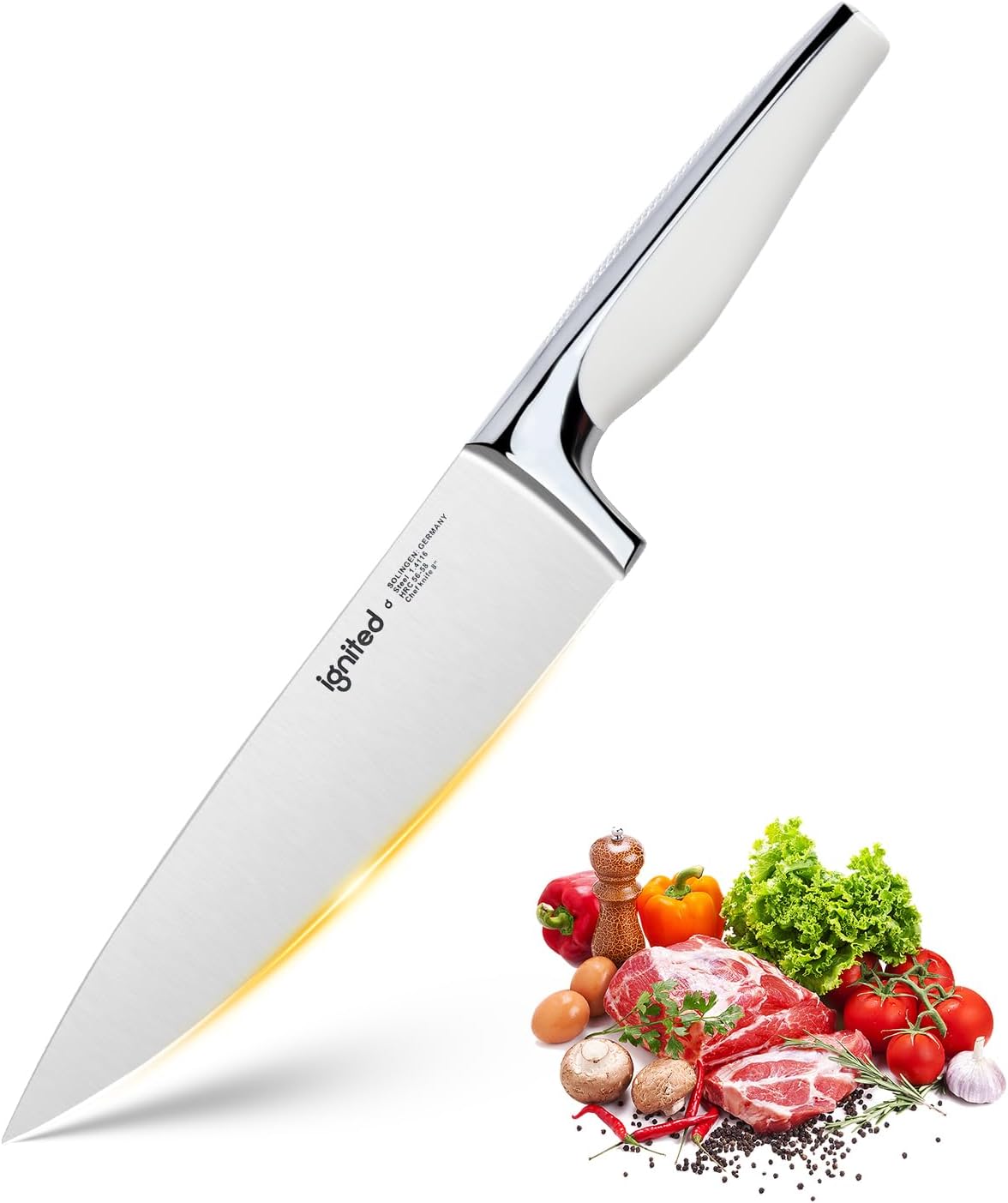 8 inch Mirror Polished Chef Knife, German 1.4116 High Carbon Stainless Steel Chefs Knife with White ABS & Stainless Steel Handle, Razor Sharp Kitchen Knife for Home & Restaurant