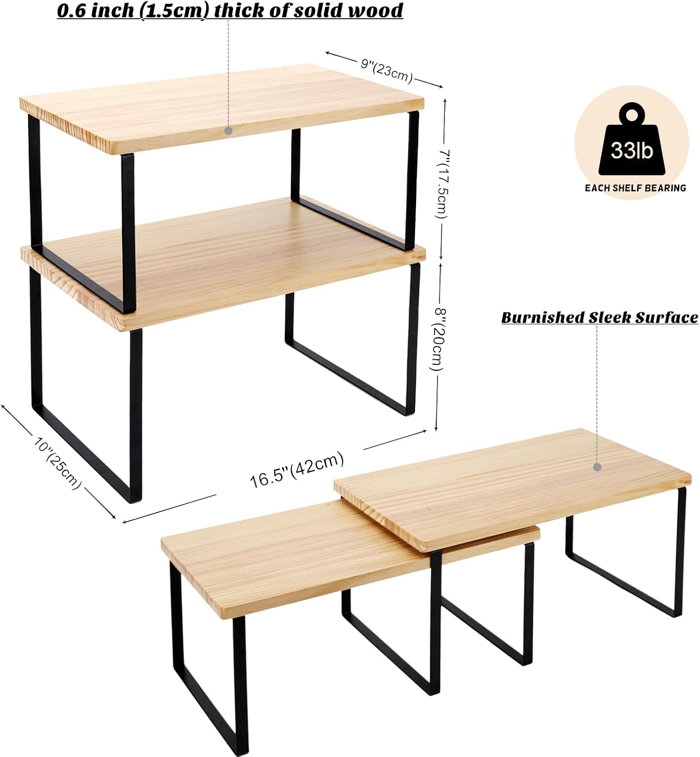 Bamber Large Cabinet Shelf Organizers Solid Wood Spice Rack Organizer for Cabinet Kitchen Countertop Storage, 16.5x10 Inches, Set of 2
