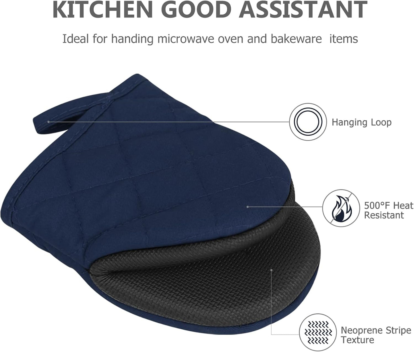 1 Pair Short Oven Mitts - Silicone Kitchen Oven Gloves High Heat Resistant 500℉, Mini Oven Mits with Non-Slip Grip Surfaces and Hanging Loop for BBQ, Baking, Cooking and Grilling (Dark Blue)