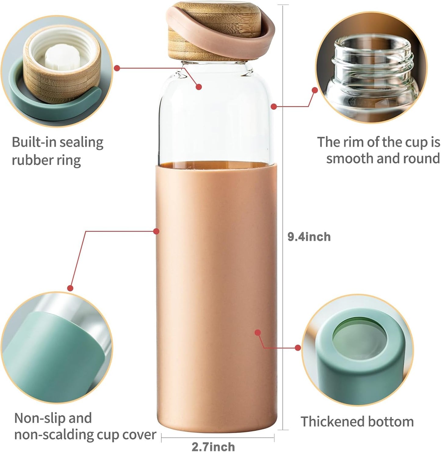 21oz Borosilicate Glass Water Bottles with Silicone Non-Slip Sleeve & Leak-Proof Lid-Reusable Drink Bottle for Office,Travel,Gym,Hiking-BPA Free,Ideal Gift for Home,Car &Fitness (Pink+Black)