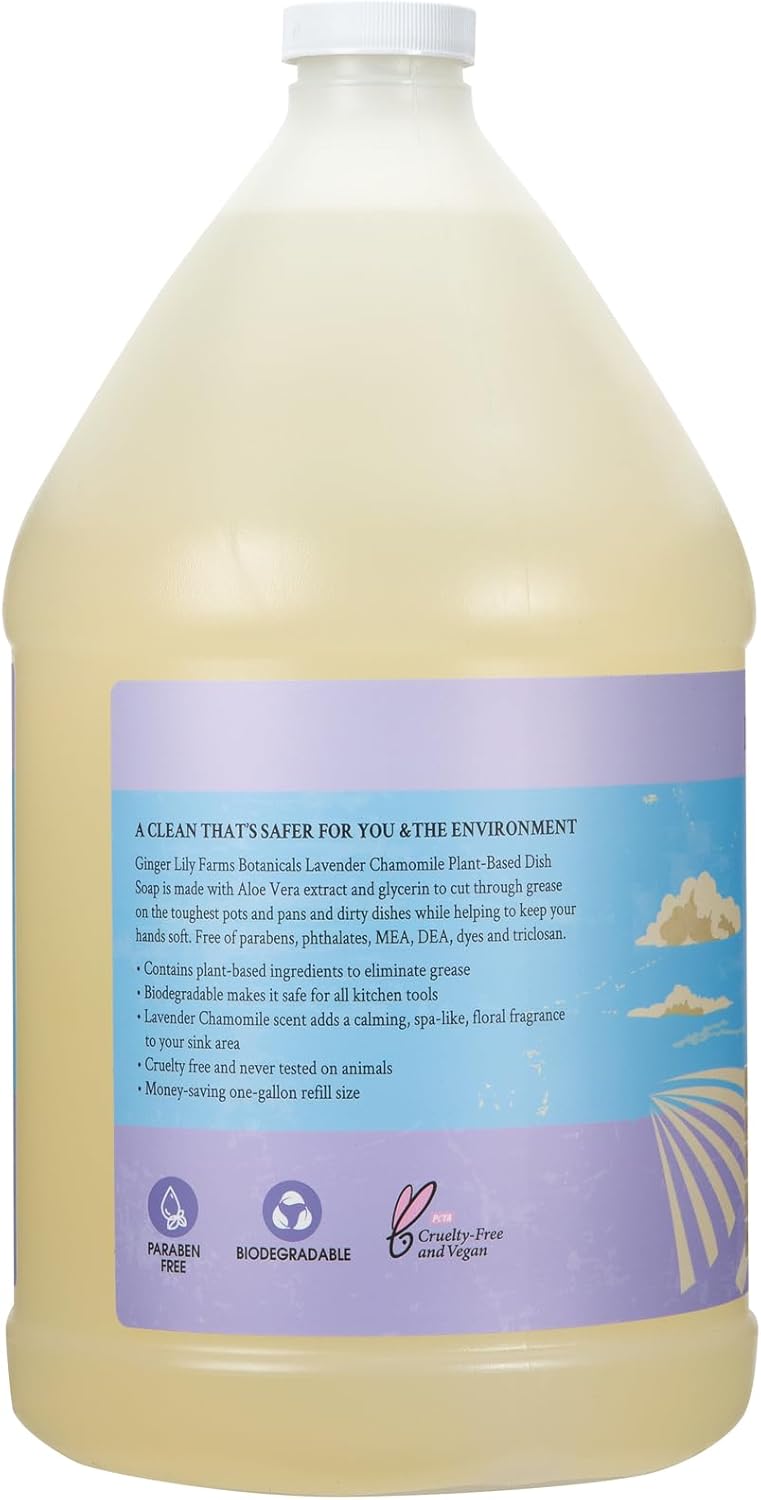 Ginger Lily Farms Botanicals Plant-Based Liquid Dish Soap, Concentrated Formula with Max Grease Cleaning Power, Cruelty-Free, Lavender Chamomile Scent, 1 Gallon Refill (128 Fl. Oz.)