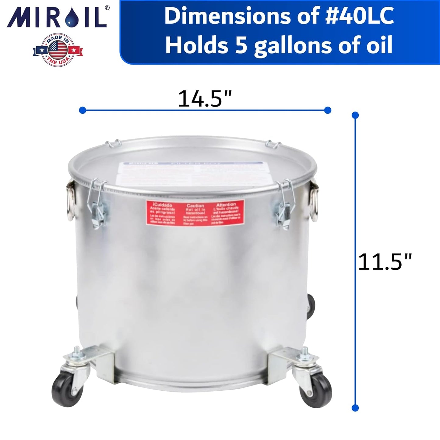 MirOil 7 Gallon Oil Disposal Caddy with Caster Wheels, USA Made Deep Fryer Grease Bucket Pot with Lid Lock & Lock Clip, 35Lb. Frying Oil Disposal Storage Container, Filtering Hot Cooking Grease - 40LC