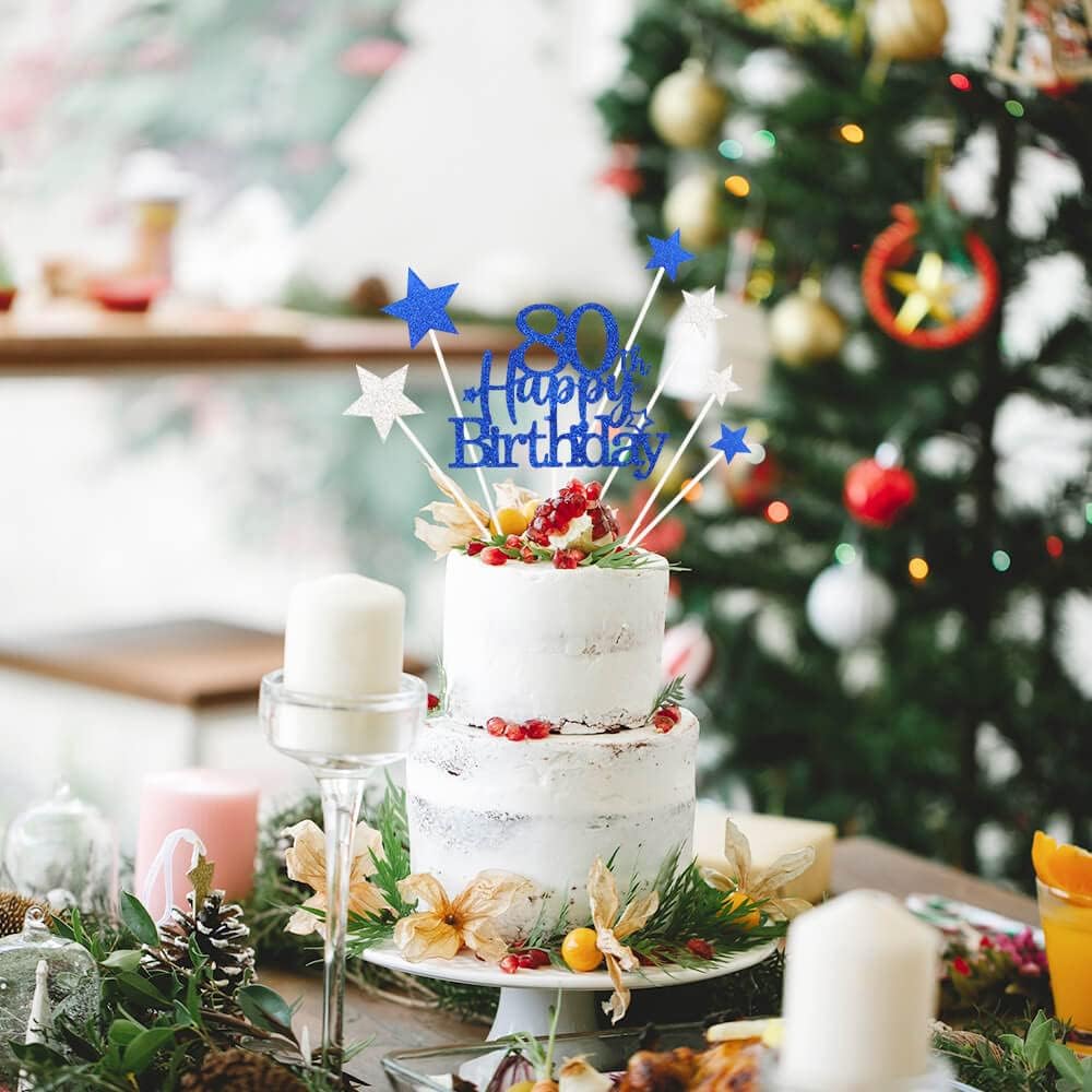 Glittery 80th Happy Birthday Cake Topper with Star,Personalised 80 Birthday Cake Toppers Party Decorations Party Supplies for Men Women Blue