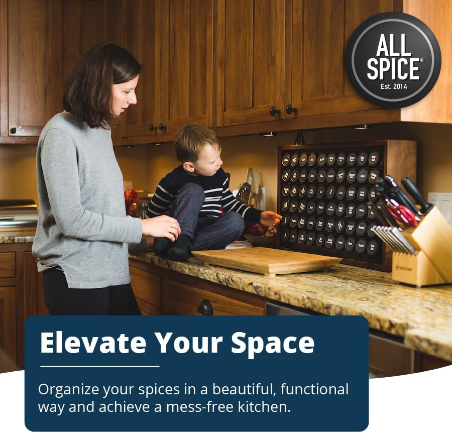AllSpice Spice Rack Organizer, Wood, 525 Unique Labels, Countertop or Wall Mount, Includes 60 4oz Jars- Walnut Stain