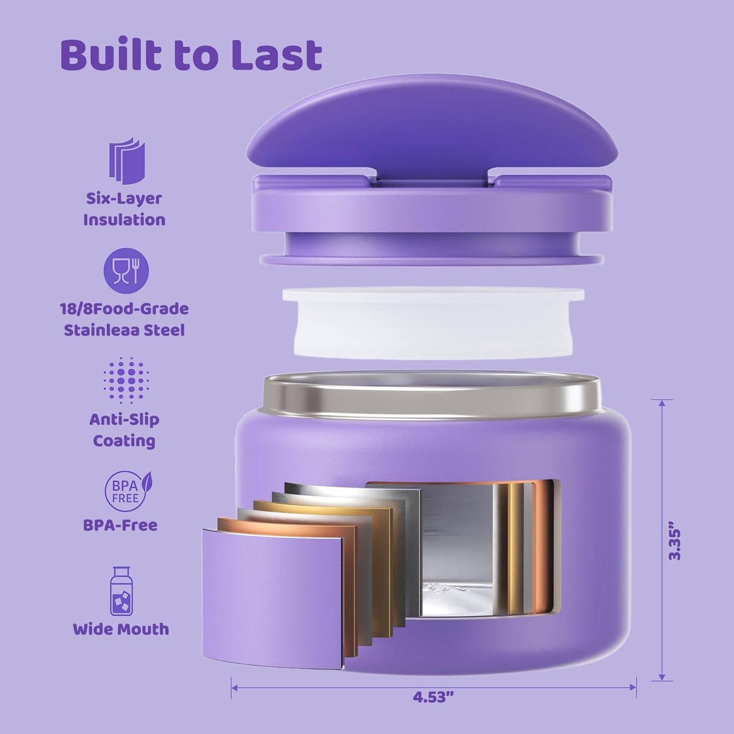 14.5oz Soup Thermo for Hot Food Kids Vacuum Insulated Food Jar Twist-Free Soup Thermo for Hot Food Kids Leakproof Stainless Steel Wide Mouth Lunch Container (Purple)