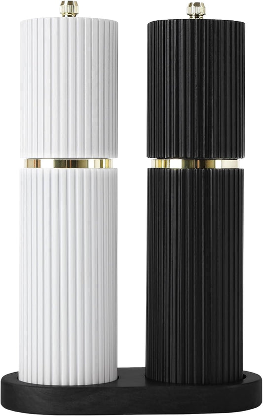 Wooden Salt and Pepper Grinder Set with Gold Accents, Refillable Salt and Pepper grinder with adjustable Coarseness, Pepper Mill Manual,Salt and Pepper Shakers With Tray-Ideal for Gifting