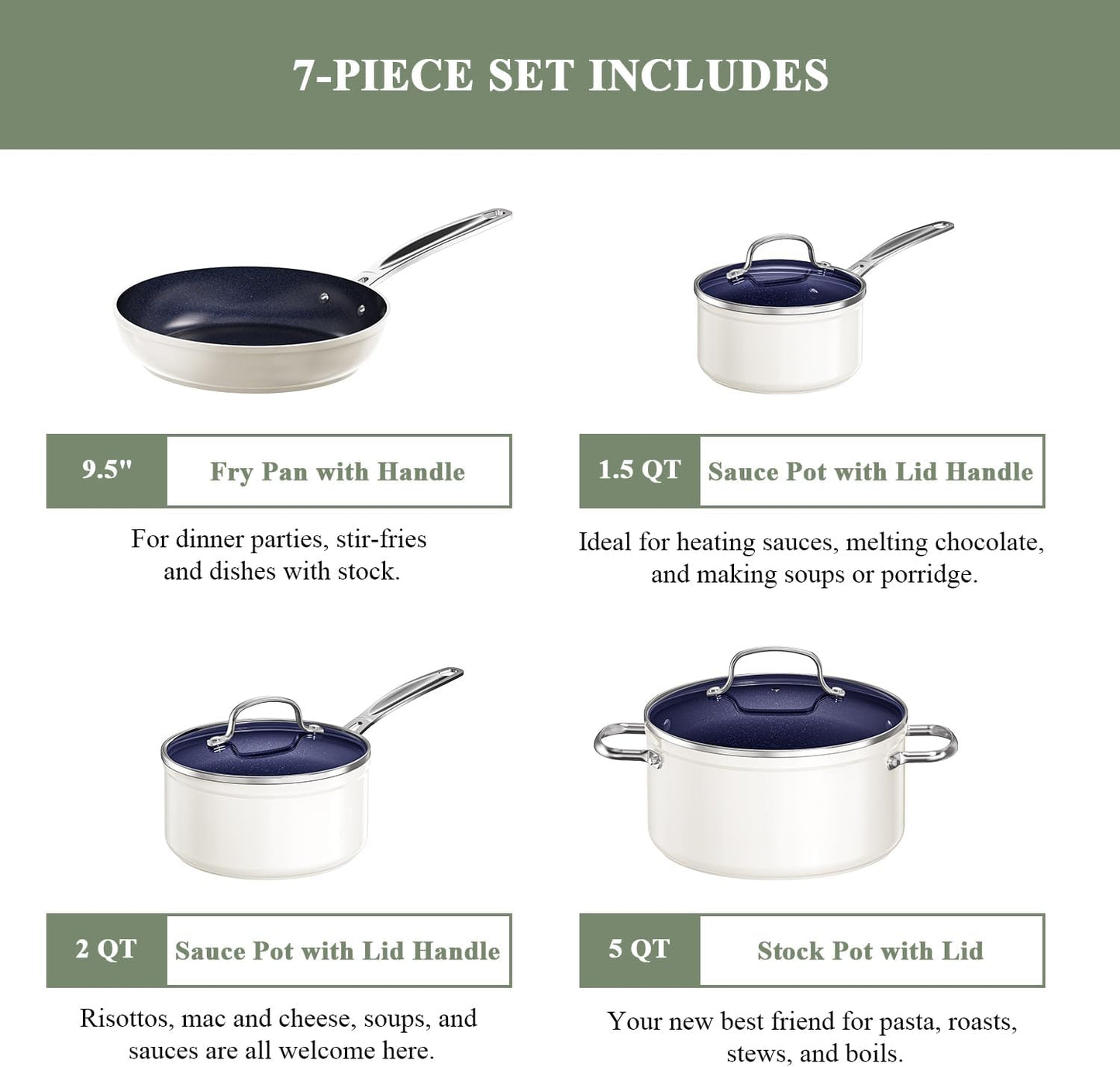 Nuwave 7pc Cookware Set Healthy Duralon Blue Ceramic Nonstick Coated, Diamond Infused Scratch-Resistant, PFAS Free, Oven Safe, Induction Ready & Evenly Heats, Tempered Glass Lids & Stay-Cool Handle
