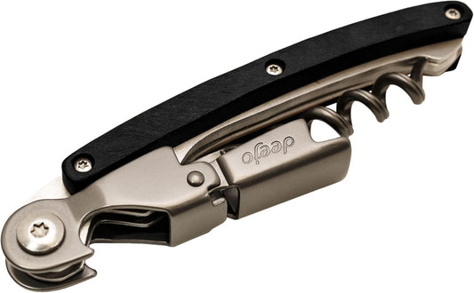 Waiters Wine Key with Corkscrew Quick Bottle Opener and Micro-Serrated Blade- Ebony Wood Handle.