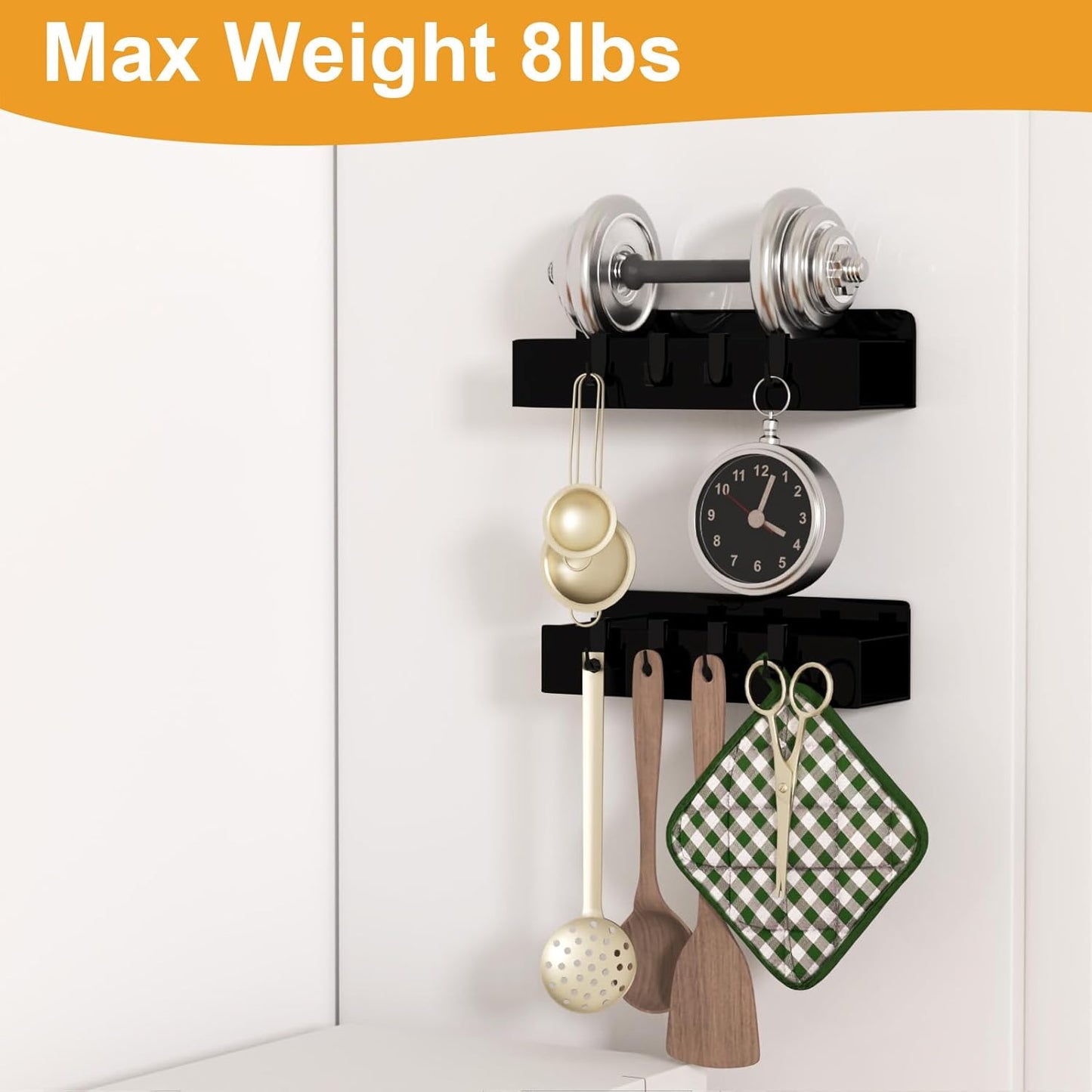 2 Pack Magnetic Spice Rack for Refrigerator,Metal Magnetic Shelf Black with 2 Jars,1 Label,4 Hooks,Space Saving for Home,Kitchen