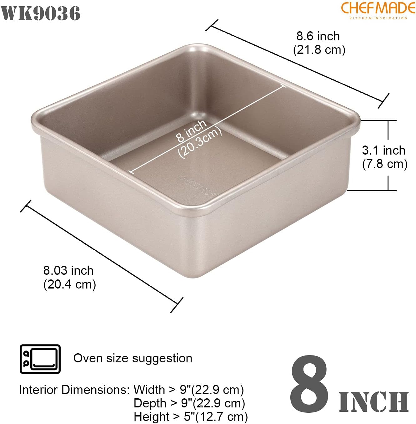 CHEFMADE Square Cake Pan, 8-Inch Deep Dish with Removable Loose Bottom Non-Stick Square Bakeware for Oven Baking (Champagne Gold)