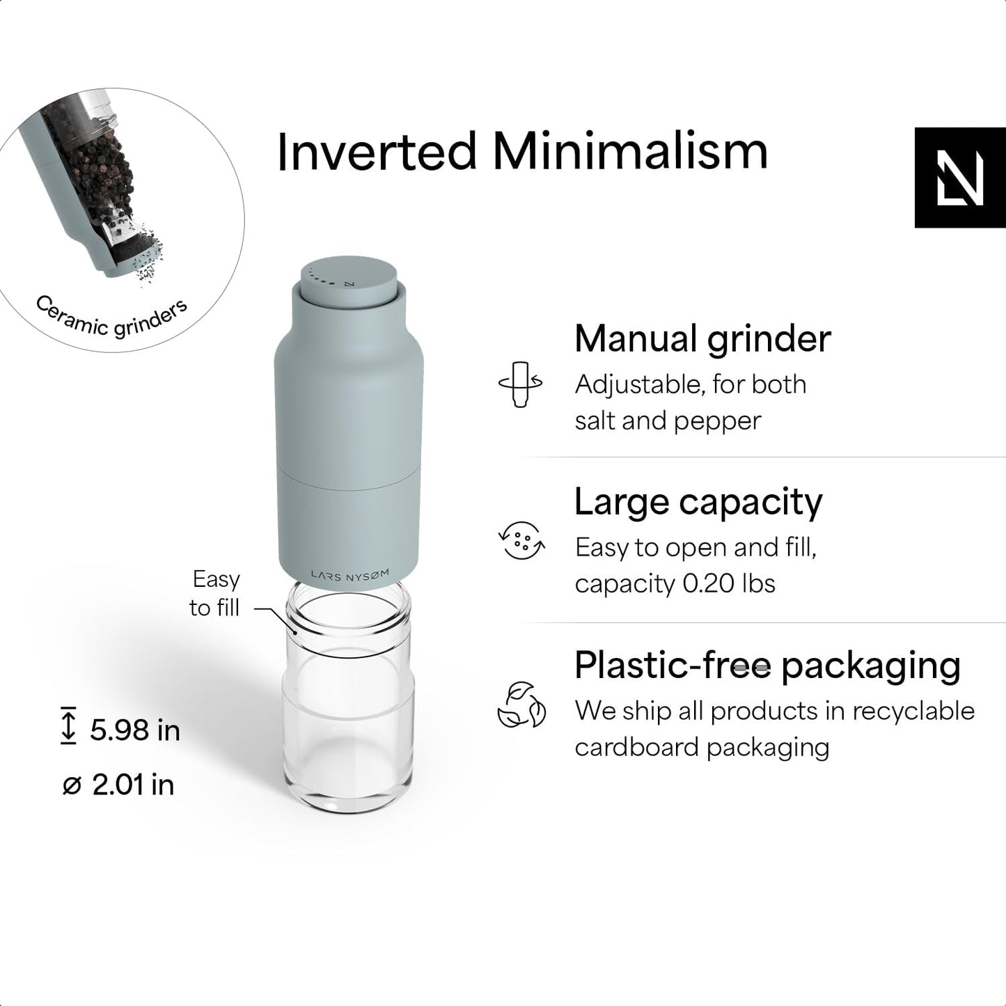 LARS NYSØM Salt and Pepper Grinder Set, Stainless Steel Manual Salt and Pepper Mills, Adjustable Ceramic Grinder, Design Spice Shakers (Sky Blue)