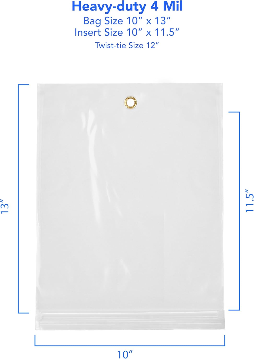 GPI - 10" x 13" Reclosable Zip Bags with Bottom Hang-hole & Pre-inserted 12" Twist-tie. 4 Mil Heavy-duty Resealable Zipper Baggy with Grommet/Metal Eyelet for Hanging (Insert Size 10x11.5) 500 Pack