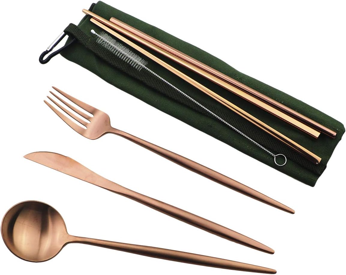 Gugrida Reusable Travel Utensils, 7 Piece Portable 304 Stainless Steel including Knife Fork Spoon Chopsticks Cleaning Brush Straws Portable Pouch, Eco-friendly Camping Silverware Set, Dishwasher Safe
