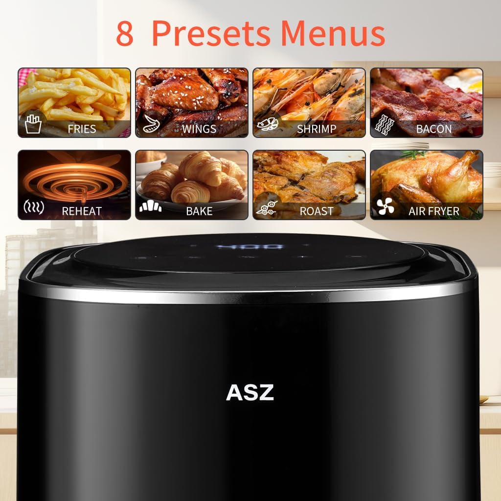 ASZ Digital Air Fryer 4.5qt with Window - Small Airfryer 8 Presets Bake Toast Broil Reheat Bacon - Black 400°F Airfryer 85% Oil Less,Nonstick Dishwasher-Safe Parts, Automatic Shutoff, Kitchen Gift