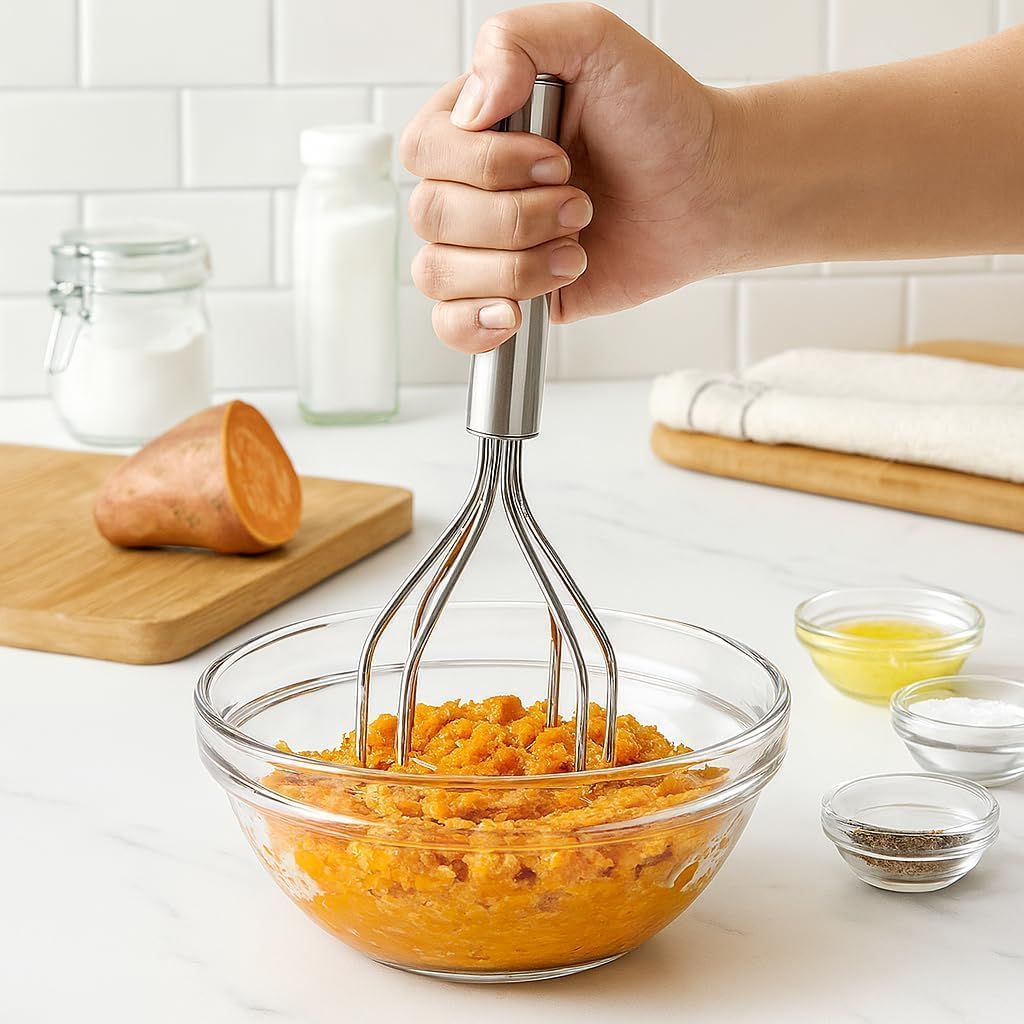 Stainless Steel Potato Masher, Ground Beef Smasher Tool, Multi-Purpose Kitchen Utensil for Vegetables and Fruits