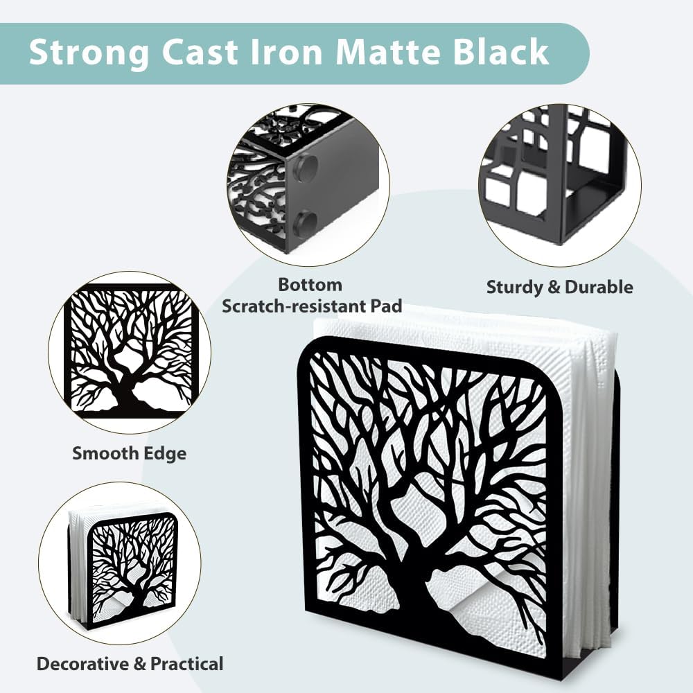 Tree Trunk Decorative Black Metal Napkin Holder for Table, 4.9" x 4.9" x 1.9" Standing Napkin Holder for Home Kitchen Restaurant Picnic Party Coffee Bar Dining Room