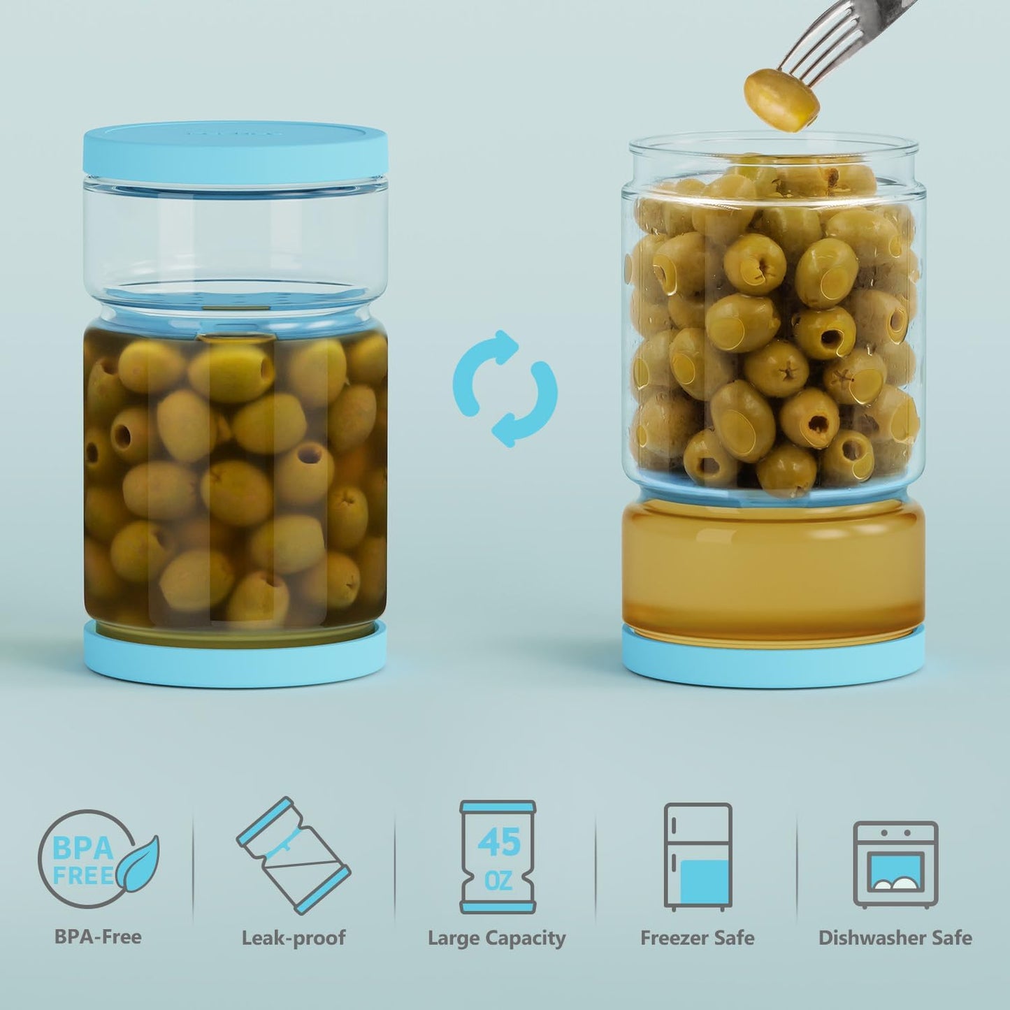 Glass Pickle Jar with Strainer Flip for Pickle Lover - 45 OZ Leakproof Airtight Juice Separator for Olive, Gherkin or Chilli, BPA Free, Dishwasher and Refrigerator Safe (Blue, 45 oz*1 pack)