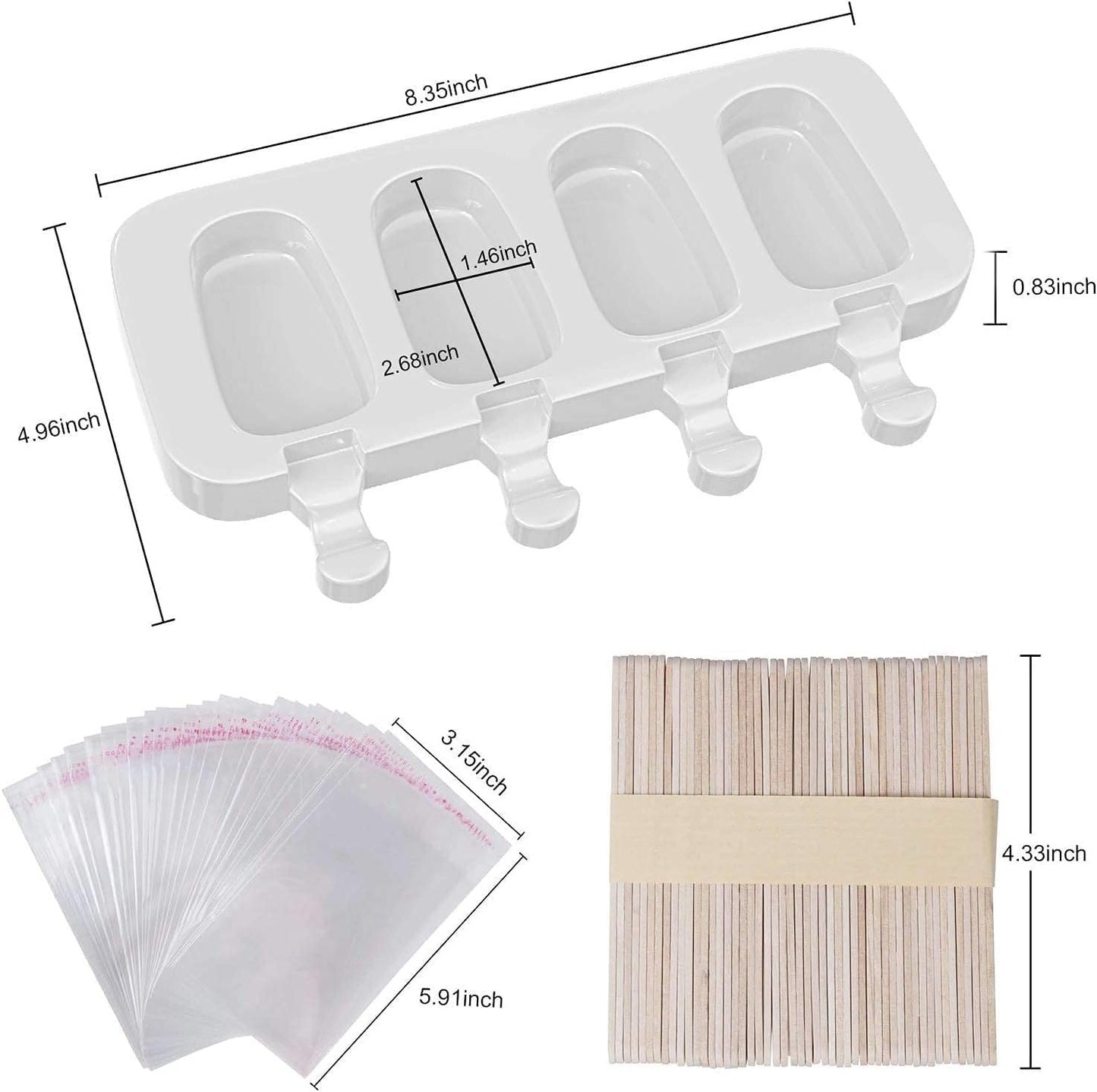 Ozera 2 Pack Popsicles Molds Set, Silicone 4 Cavities Oval Popsicle Cake Pop Molds for Homemade Cakesicles, with 50 Wooden Popsicle Sticks & Bags