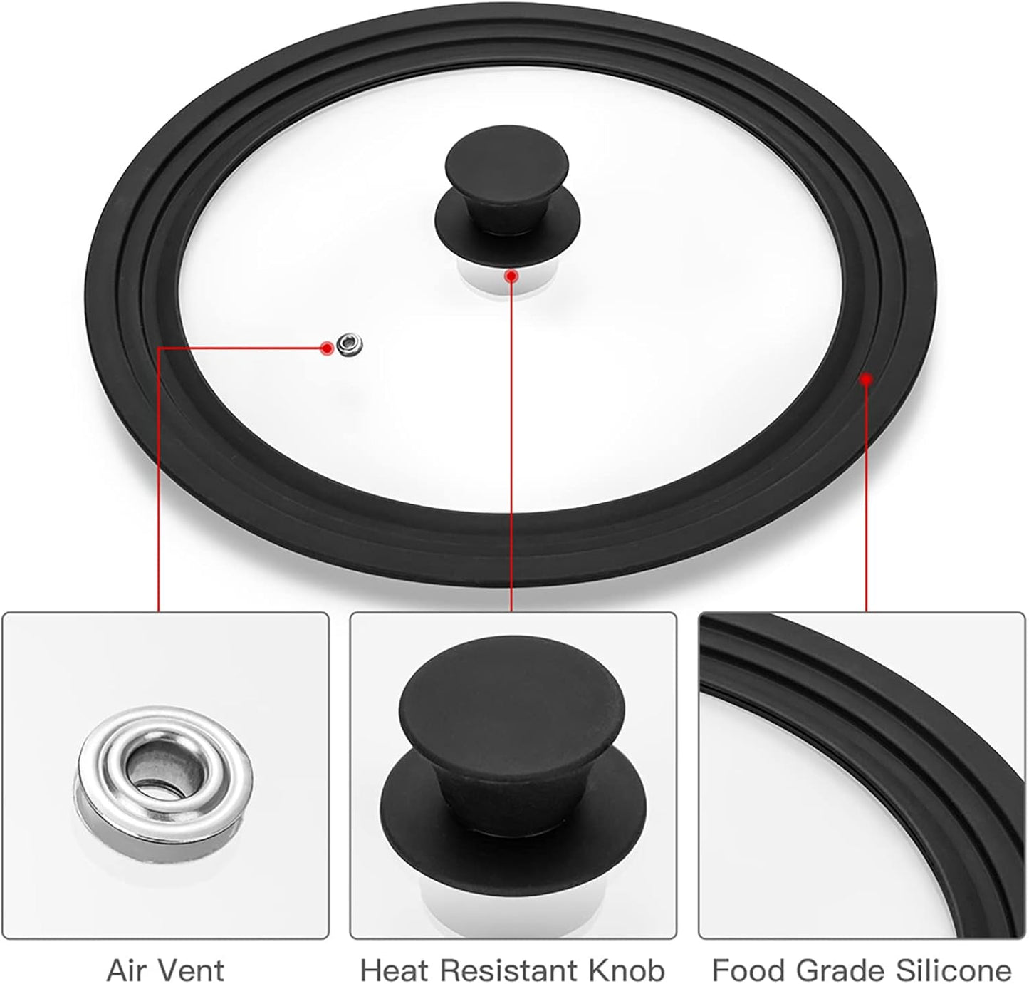 Universal Lid for Pots, Pans and Skillets Vented Tempered Glass with Heat Resistant Silicone Rim, Fits 10 inch, 11 inch, 12 inch Cookware, Replacement Lid, Black