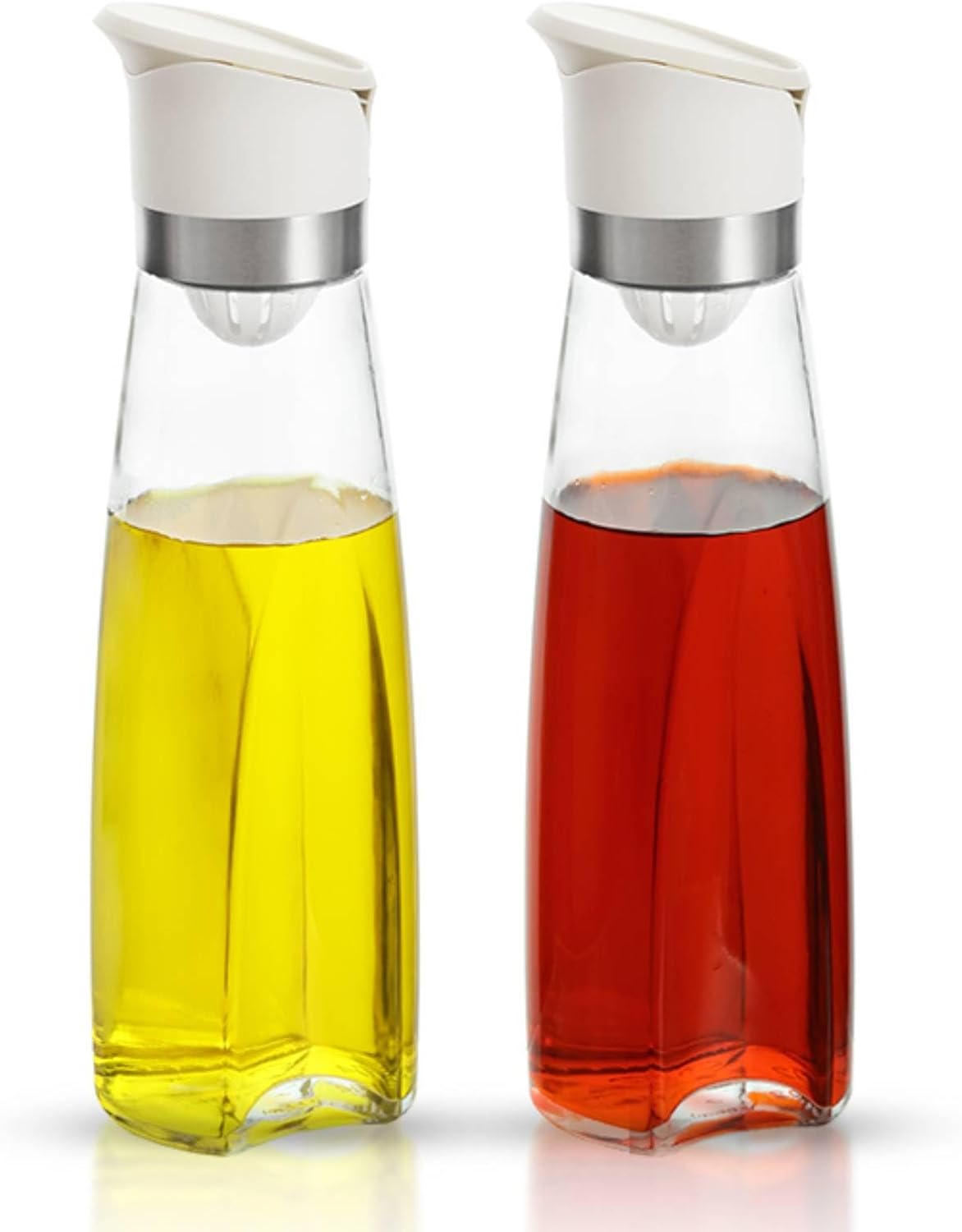 Premium Glass Olive Oil and Vinegar Dispenser Bottles Set, 2-Piece Kitchen Cooking Cruet with Auto-Open Lid, Non-Drip Pouring Spout, Oil Infuser Filter, Dishwasher Safe (White 16oz)