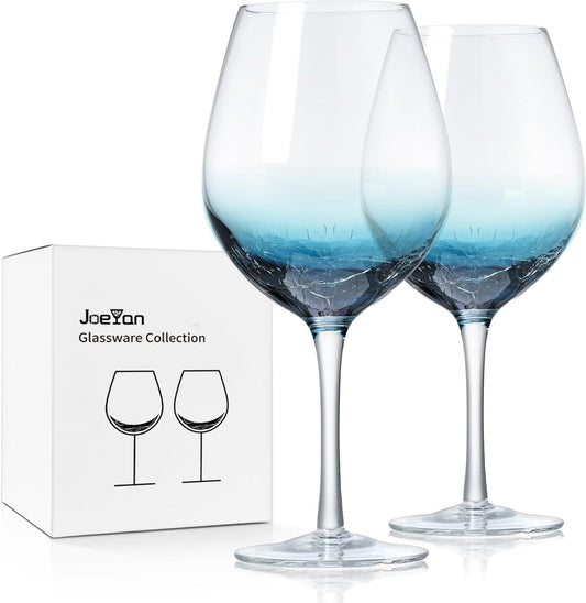 Joeyan Handmade Blue Crackle Wine Glasses,Large Crystal Burgundy Wine Glass Cup with Stem,Red White Wine Goblet Tumbler,Aesthetics Glassware Collection,Set of 2,21 oz