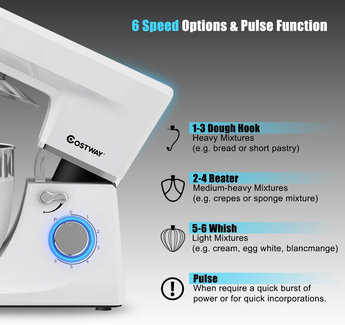 COSTWAY Stand Mixer, 6-Speed 7.5 QT Tilt-head Electric Kitchen Food Mixer 660W with Stainless Steel Bowl, Dough Hook, Beater, Whisk