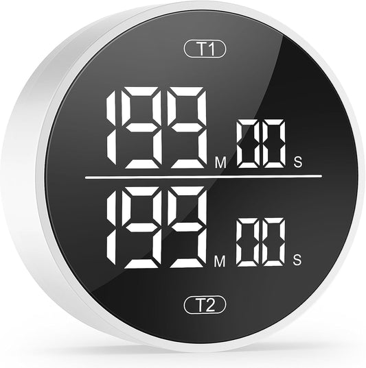 Dual Digital Kitchen Timer for Cooking, 199 Minutes Countdown & Stopwatch, Timer for Fridge, Big Digits, High-Definition Display, Easy Rotary Adjustment, 3 Volumes, 2 Brightness Levels, White