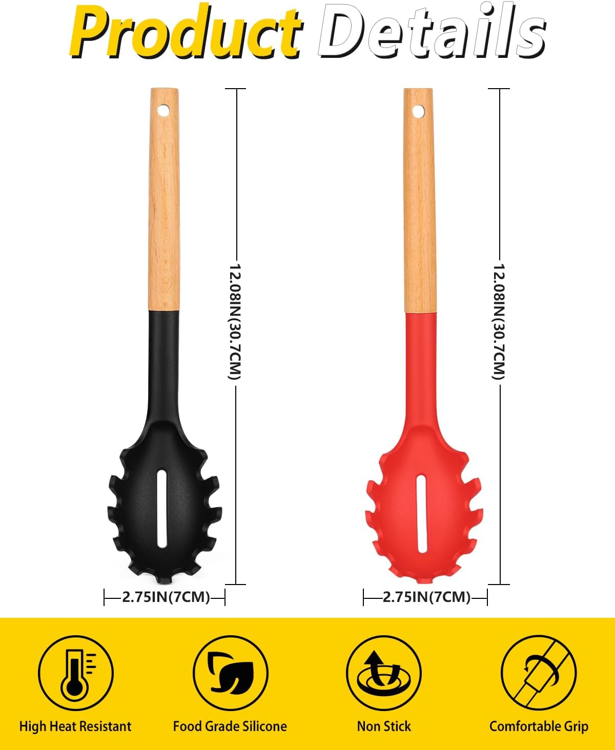 Pack of 2 Spaghetti Spoon, Silicone Pasta Fork with Wooden Handle, Heat Resistant Noodle Spoon Server, BPA Free Spaghetti Strainer(BLACK-RED)