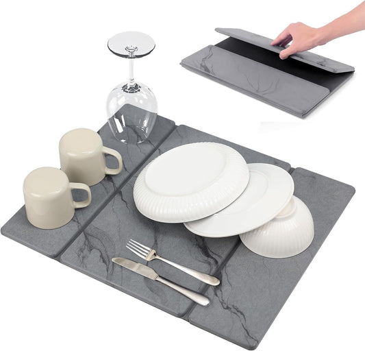 Quick Dry Collapsible Dish Drying Mat, Eco-Friendly Absorbent Diatomaceous Earth Mats for Dishes Bottles Cups 20"×16"Large Stone Dish Drying Mats for Kitchen Counter (Gray, 20"（L）×16"（W）)