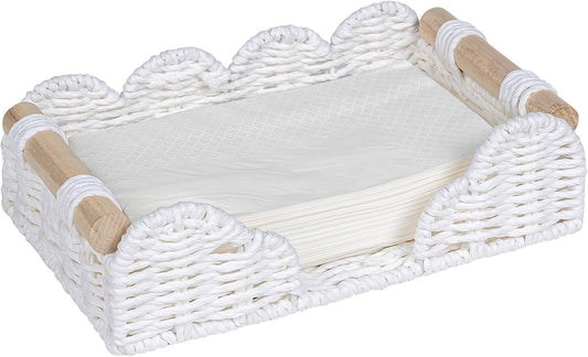 CubesLand Scalloped Napkin Holder for Bathroom Decor, Paper Rope Flat Napkin Dispenser Guest Towel Tray for Bathroom, Farmhouse Warm Napkin Holder for Table Dining Room Home Kitchen Decor, White