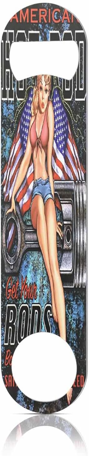 Hot Rod Pin Up Girl Stainless Steel Bottle Opener Young Sexy Woman Sit on Rods with American Flag Flat Beer Bottle Opener Keychain for Home Kitchen Bar Restaurant Party Birthday Gift