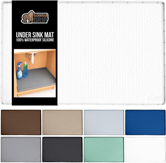 GORILLA GRIP Waterproof Silicone Under Sink Mat with Raised Lip for Kitchen and Bathroom, 34 x 22 in, Cabinet Shelf Liner Stay in Place Mats Dishwasher Safe Drawer Liner, Organizer Tray, White