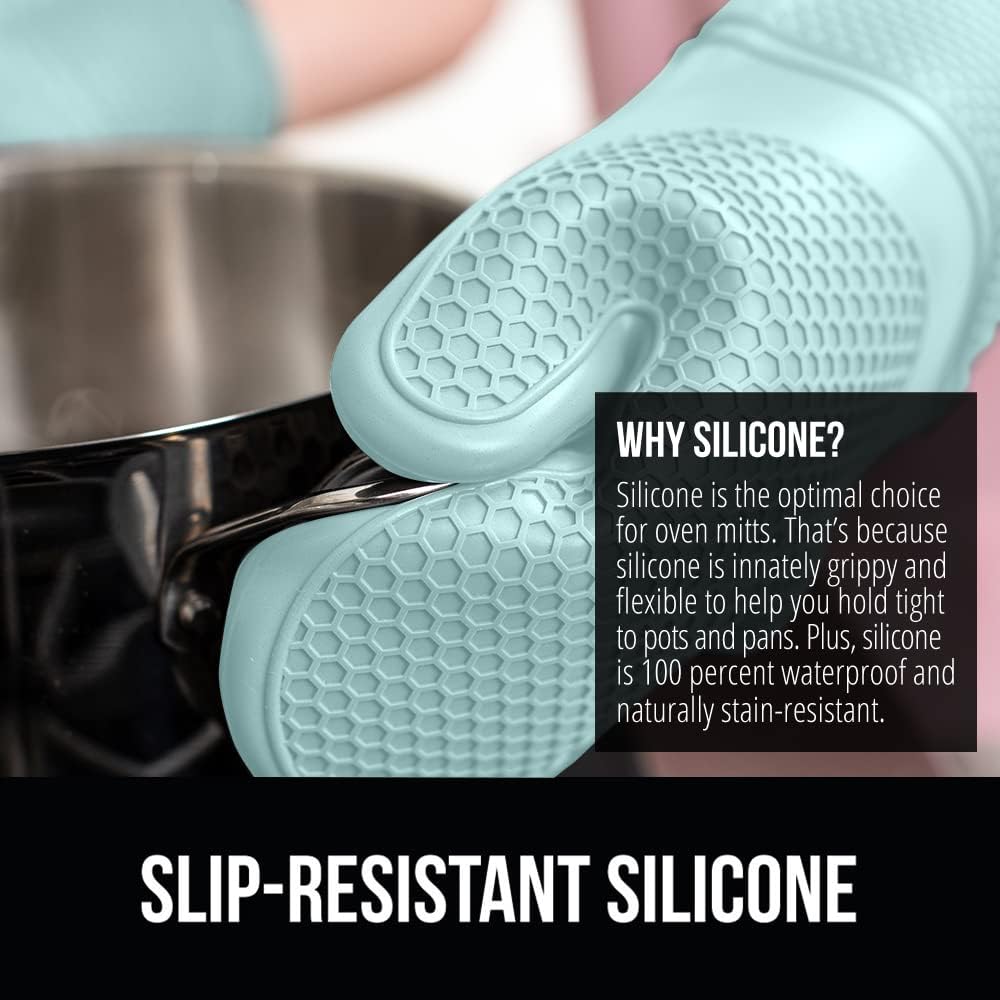 GORILLA GRIP BPA-Free Soft Silicone Oven Mitts and Pot Holders Sets of 4, Heat Resistant Waterproof Cooking Gloves, Thick Cotton Lining, Flexible Gripping for Baking Grilling, Kitchen Trivets, Mint