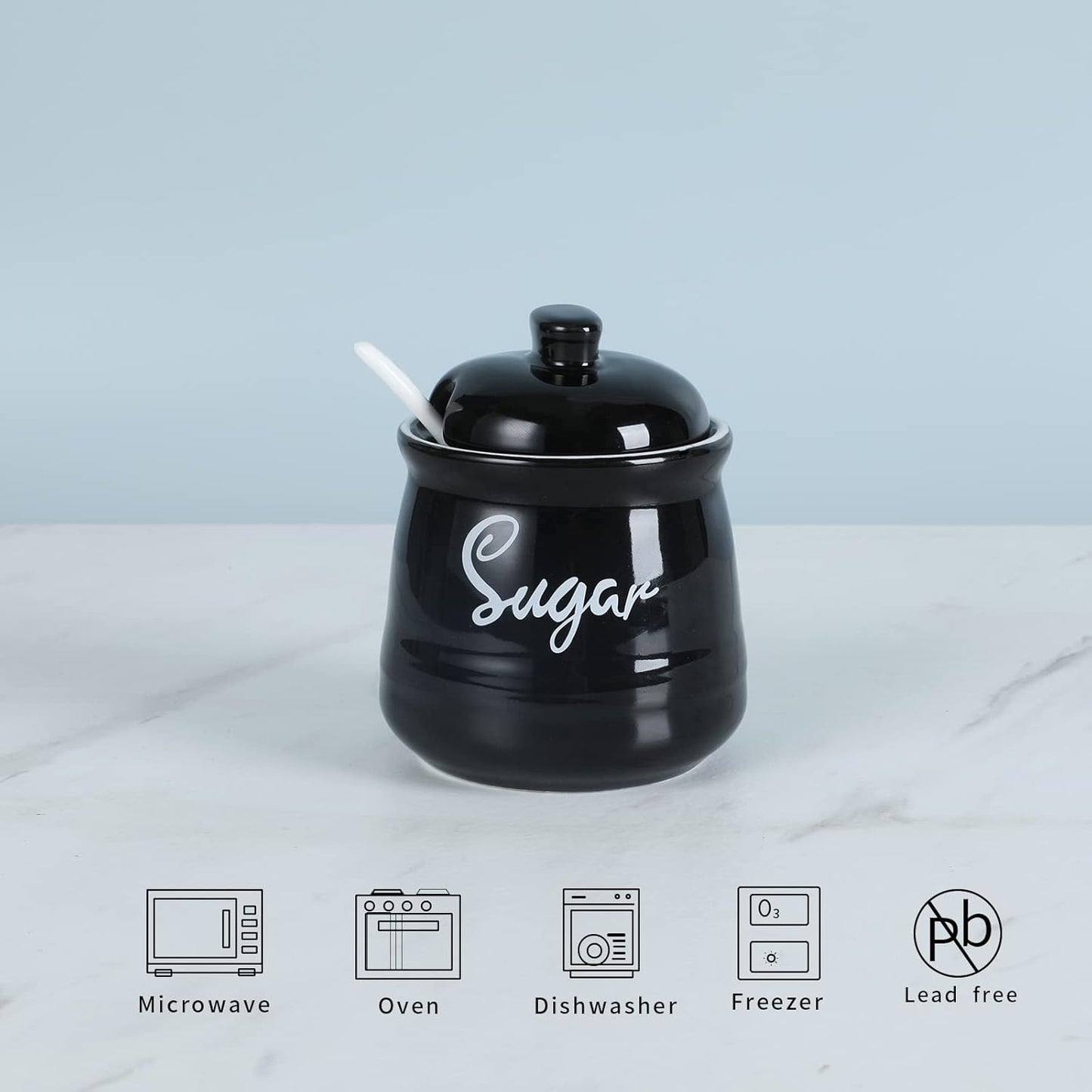 HAOTOP Farmhouse Porcelain Sugar Bowl with Lid and Spoon 12oz,Easy to Clean (Black)