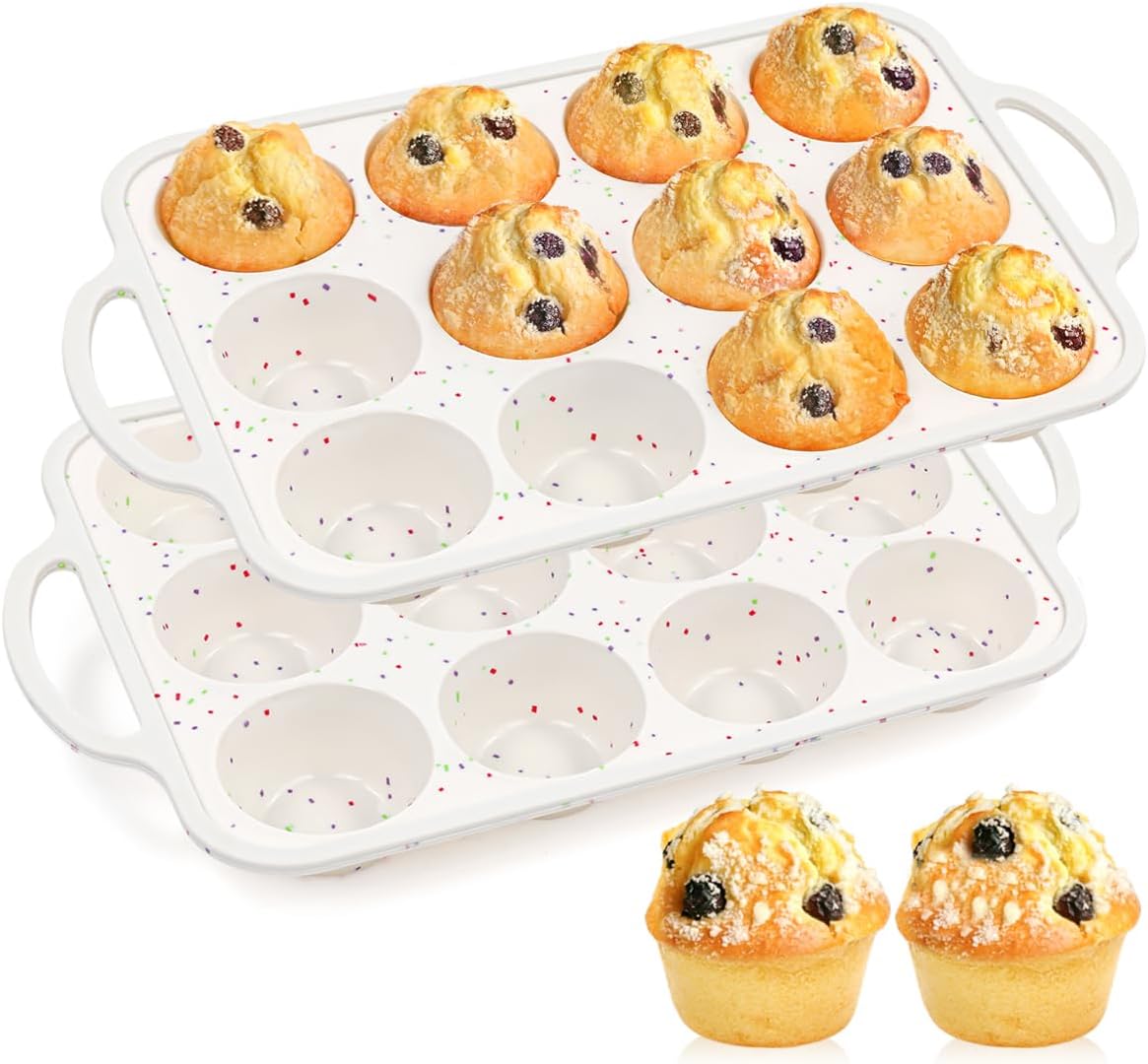 FUNBAKY Silicone Muffin Pans for Baking, Metal Reinforced Frame 12 Cups Regular Size Silicone Cupcake Pan Nonstick Muffin Tin for Baking Muffin, Cupcake, Frittatas,BPA Free, Dishwasher Safe