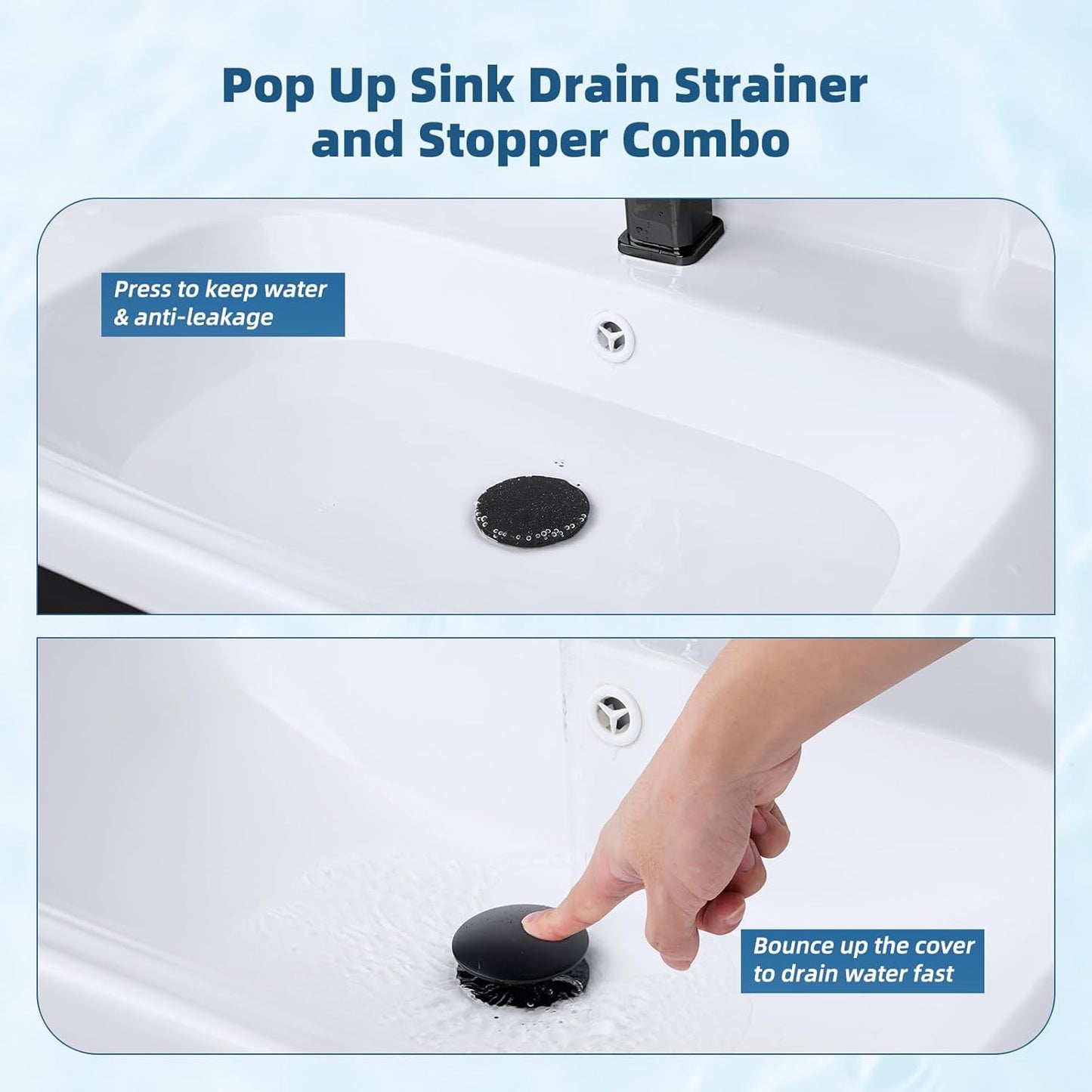 Hibbent 2 Pack Upgraded 3 in 1 Bathroom Sink Drain Strainer, Pop Up Sink Stopper with Big Push Cap, Anti-Clogging Metal Filter Basket,Sink Plug with Hair Catcher for 1.1''~2.36'' Basin, Matte Black