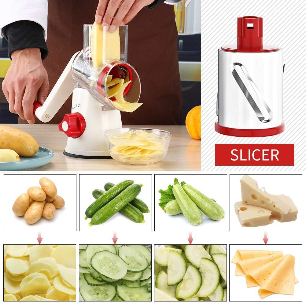 Cambom Rotary Cheese Grater Hand Crank Cheese Shredder for Fresh Cheese, Vegetable, Nuts,Non-slip Suction Base, Free Cleaning Brush Three Blades,Red White