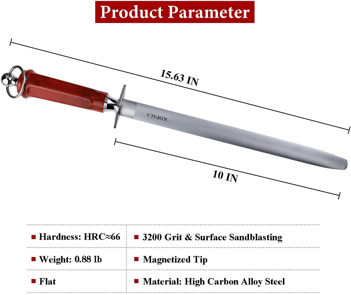 Sharpening Steel Knife Sharpener Rod Flat 10 Inches Honing Steel for Knives Red