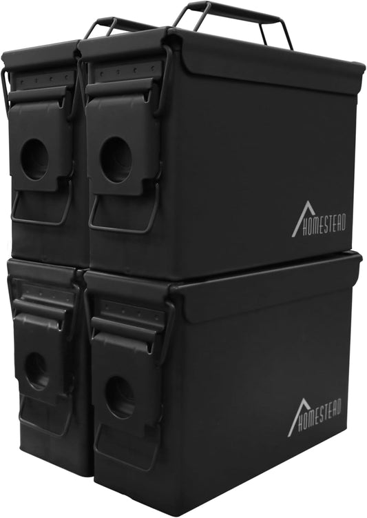 HOMESTEAD 30 Cal Metal Ammo Can - New Steel Ammo Can, Military Ammo Box, Airtight Case, Weatherproof Storage Ammo Box (4-Pack, Black Color)