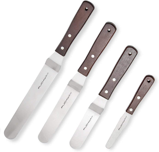 Offset Cake Icing Spatula Set of 4- Professional Stainless Steel Cake Decorating Frosting Spatulas, 4"-6"-8"-10" Flexible Resistant Blade, Wooden Handle For Easy Grip