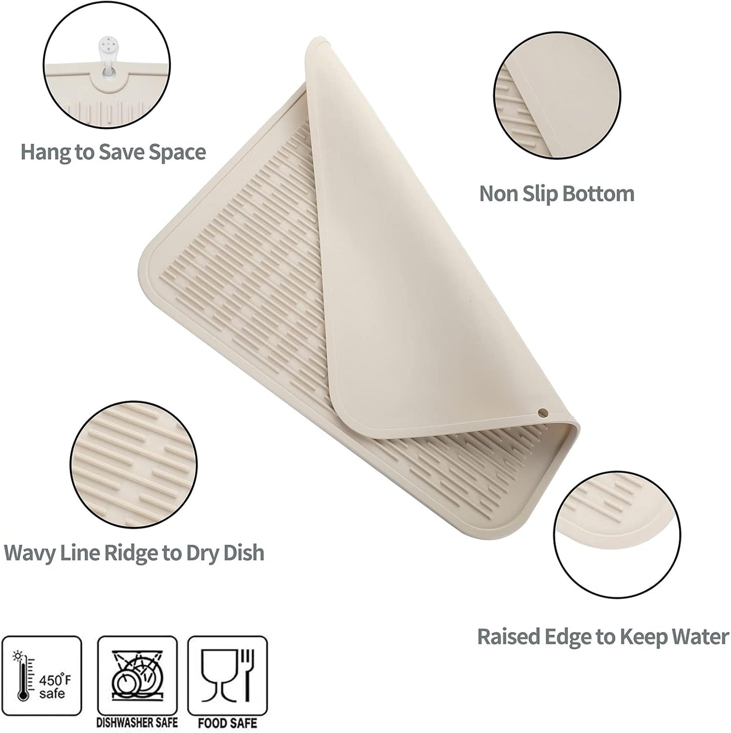 Silicone Dish Drying Mat for Multiple Usage,Easy clean,Eco-friendly,Heat-resistant Silicone Mat for Kitchen Counter or Sink,Refrigerator or Drawer Liner Tapioca XL 18 inches x 16 inches